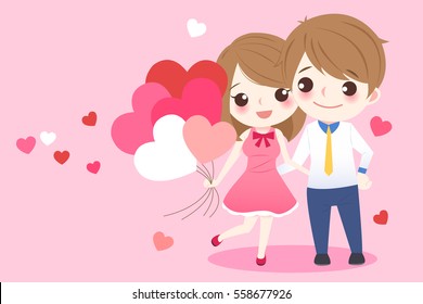 cute cartoon couple take red heart balloon 