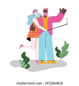 Cute cartoon couple taking a selfie in the park - two people standing and hugging in the park holding phone on stick. Isolated flat vector illustration on white background.