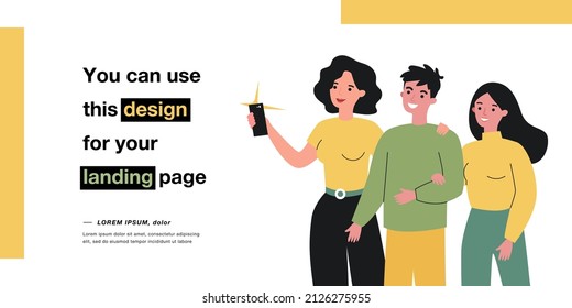 Cute cartoon couple taking selfie on phone with mother. Boyfriend, girlfriend and woman taking photo together flat vector illustration. Family, technology concept for website design or landing page