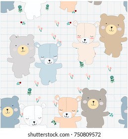 Cute cartoon couple teddy bear in the flower garden character smile and satisfied, happy seamless pattern by hand draw doodle comic art style,animal set vector design