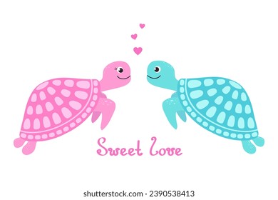 Cute cartoon couple of turtles in love isolated on white background. Valentine card with inscription: sweet love. 