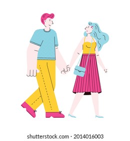 Cute cartoon couple walking while holding hands - young man and woman in love looking at each other and smiling. Flat isolated vector illustration on white background.