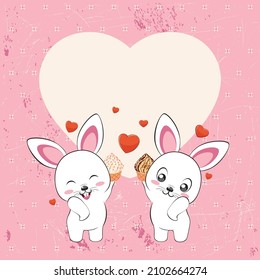 Cute cartoon couple of white bunnies with heart, greeting card illustration.