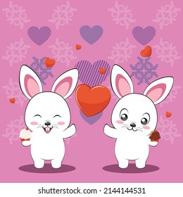 Cute cartoon couple of white bunnies with heart, greeting card illustration.