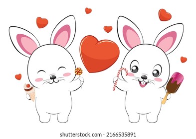Cute cartoon couple of white bunnies with heart illustration.