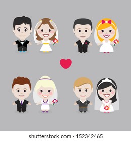 Cute cartoon couples for wedding, vector illustration