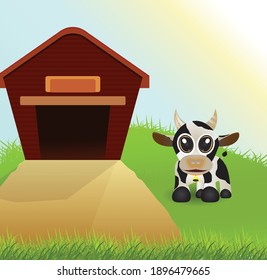 cute cartoon cow adorable animal and wood barn field