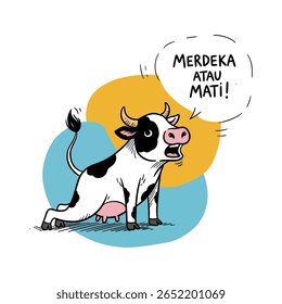 Cute cartoon cow with black and white spots, standing on hind legs, open mouth, and speech bubble saying "Free or Dead!".