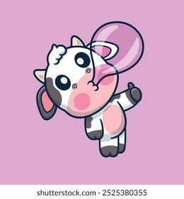 Cute Cartoon Cow Blowing Gum With Fly Vector Icon Illustration. Animal Fashion Icon Concept Isolated Premium Vector. Food Cartoon Style