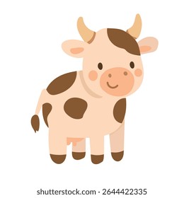 Cute cartoon cow with brown spots and horns stands smiling on a white background, perfect for farm animal illustrations, kids books, or dairy-themed graphics.