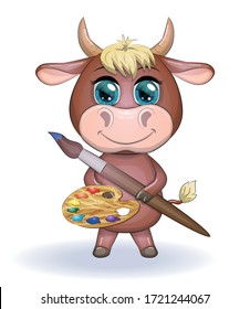 Cute Cartoon Kuh, Stier mit einer Bürste und eine Farbpalette für Zeichnung, Symbol von 2021 nach dem östlichen Kalender.