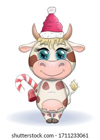 Cute cartoon cow, bull with Christmas candy and in a red Santa Claus hat, symbol 2021 on the eastern calendar.