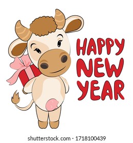 Cute cartoon cow, bull with Christmas present  symbol 2021 on the eastern calendar. Humor card, t-shirt design composition, hand drawn style print. Vector illustration.