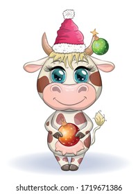 Cute Cartoon Kuh, Stier mit einem Weihnachtsball und einem roten Weihnachtsmütze, Symbol 2021 auf dem Ostkalender