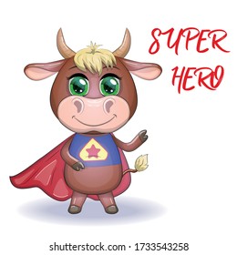 Cute cartoon cow, bull in a costume of hero with a red cloak, symbol 2021 on the eastern calendar