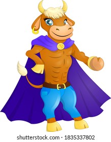 Cute cartoon cow, bull in a costume of hero with a red cloak, symbol 2021 on the eastern calendar.