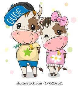 Cute Cartoon Cow and Bull on a white background