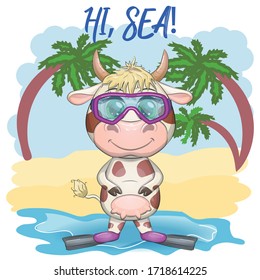 Cute cartoon cow and bull in swimming goggles and fins on the sea, among palm trees, hello sea, summer, vacation concept, leisure concept 2021.