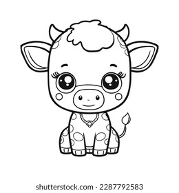 Cute cartoon cow or calf. Farm animal in line drawing. Vector illustration on isolated background. For printable children's and adults coloring page or book, kids toddler activity.