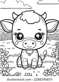 Cute cartoon cow or calf in a flower meadow. Farm pet in line drawing. Vector illustration on isolated background. For printable children's and adults coloring page or book, kids toddler activity.