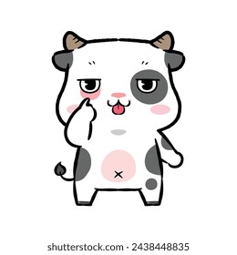 Cute Cartoon Cow Character, Act of pulling down one lower eyelid and sticking out the tongue, Flat design style