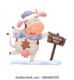 Cute cartoon cow character is happy to find the North Pole direction sign. Chinese New year of the zodiac ox cow. Vector illustration.