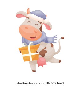 Cute cartoon cow character holding yellow gift box. Chinese New year of the zodiac ox cow. Vector illustration.