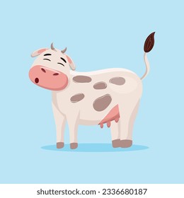 Cute cartoon cow character isolated on blue background. Design character. Livestock concept illustration with a cow. 
