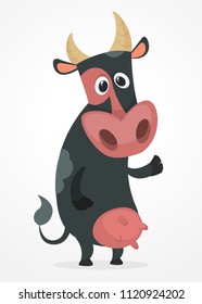 Cute cartoon cow character pointing on something isolated on white background. Farm animals. Vector illustration