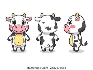 Cute Cartoon Cow Character Set - Front, Back, and Side View for Animation and Mascot. Vector illustraton