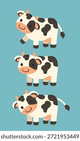 Personagens bonitos da vaca do desenho animado definido em poses diferentes com formas simples e cores suaves. Ilustração de vetor plano ideal para projetos infantis, materiais educacionais, adesivos, livros e projetos temáticos agrícolas.