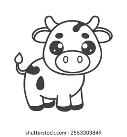 Cute Cartoon Cow Coloring Page for Kids Kawaii Style Vector Art.