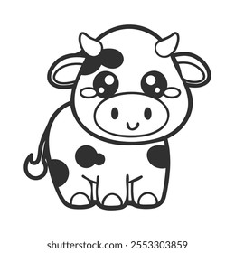 Cute Cartoon Cow Coloring Page for Kids Kawaii Style Vector Art.