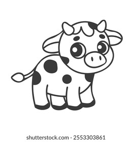 Cute Cartoon Cow Coloring Page for Kids Kawaii Style Vector Art.