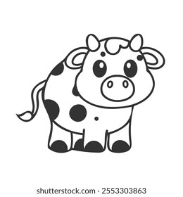 Cute Cartoon Cow Coloring Page for Kids Kawaii Style Vector Art.