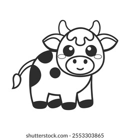 Cute Cartoon Cow Coloring Page for Kids Kawaii Style Vector Art.