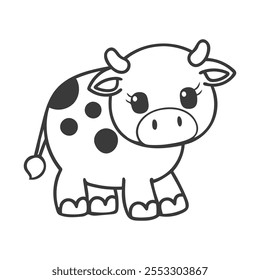 Cute Cartoon Cow Coloring Page for Kids Kawaii Style Vector Art.