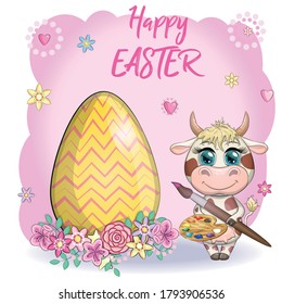 Cuta vaca de dibujos animados con huevo de Pascua, símbolo 2021 en el calendario oriental