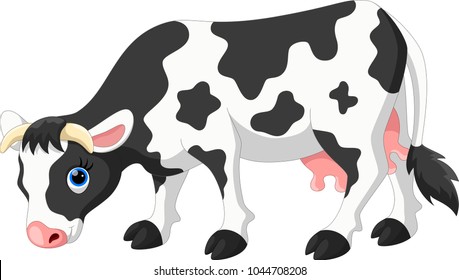 Cute cartoon cow eating grass 