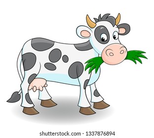 Cute cartoon cow eating grass