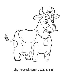 Cute cartoon cow eating hay outlined for coloring book on white background