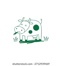 Uma vaca de desenho animado bonitinho come grama em um desenho simples.
