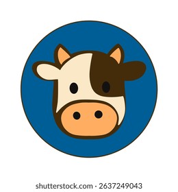 Cute cartoon cow face icon in a circle, simple farm animal vector for kids and fun designs
