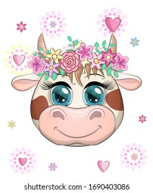 Cute cartoon cow face wearing a wreath of flowers with beautiful blue eyes. Children's illustration