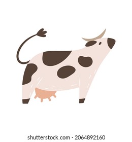 Cute Cartoon Cow. Farm Dairy Animal. Simple Flat Cattle Icon. Illustration For Children's Educational Books, Games, Stickers, Food. Clipart, Element, Label For Milk Packaging. Logo For The Factory.