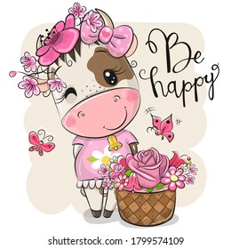 Cute Cartoon Cow with flowers on a white background