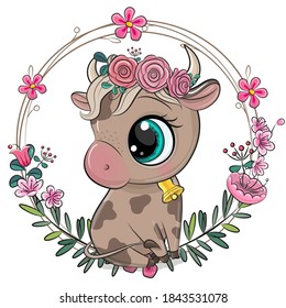 Cute Cartoon Cow with flowers on a white background