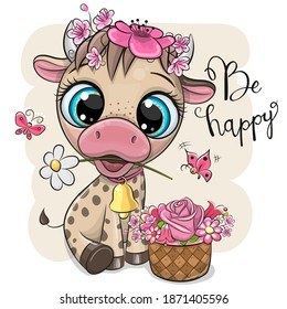 Cute Cartoon Cow with flowers on a white background