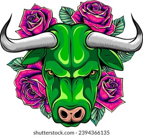Cute Cartoon Cow with flowers on a white background