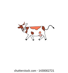 Cute cartoon cow funny illustration,  isolated on white background. Vector icon for web and print decoration or milk products,  farm animal. 